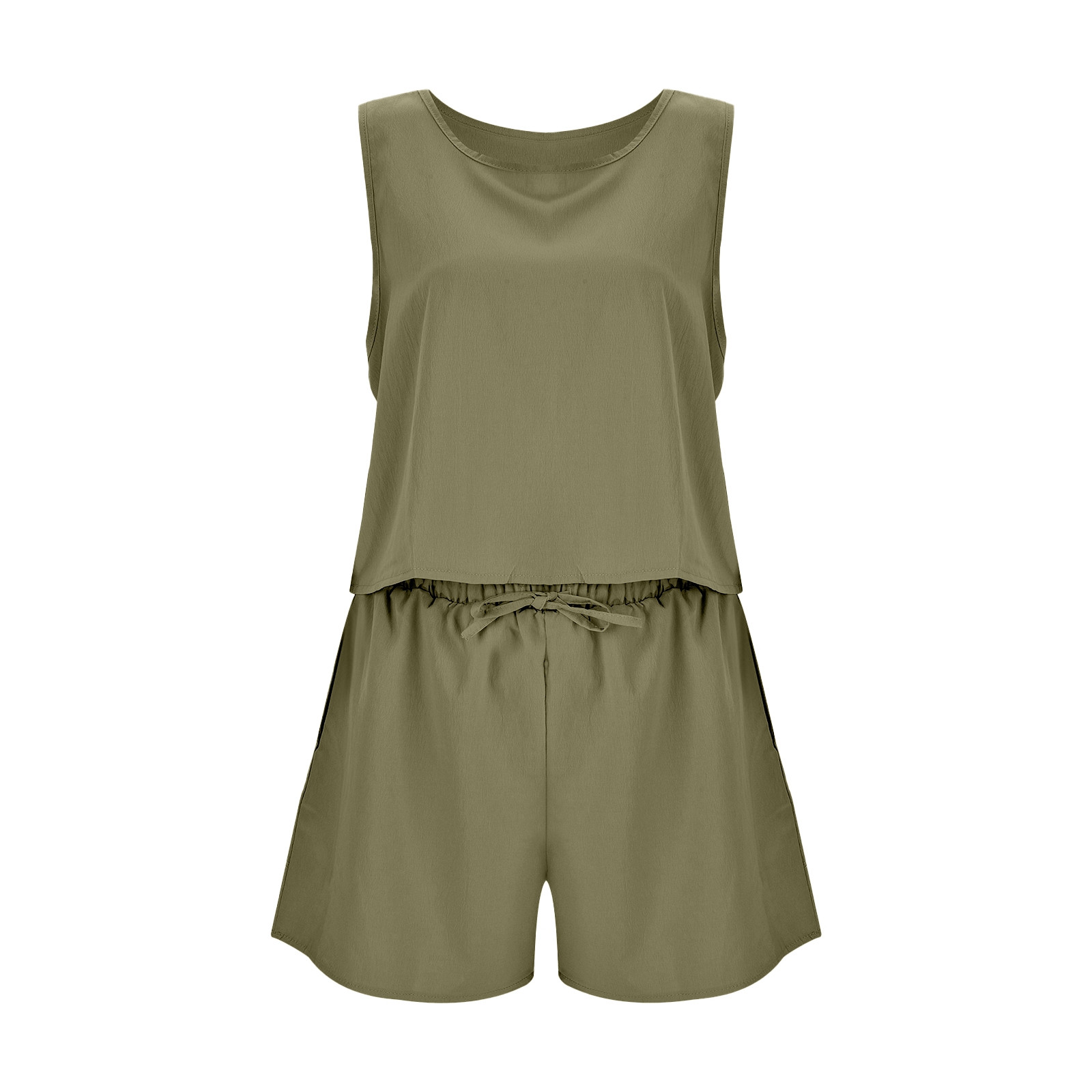 thumbnail image 4 of Conjunto de pantalones cortos sin mangas de cintura alta para mujer: ajuste holgado informal, dos piezas para primavera/verano, estilo versátil para la playa/vacaciones, 4 of 5